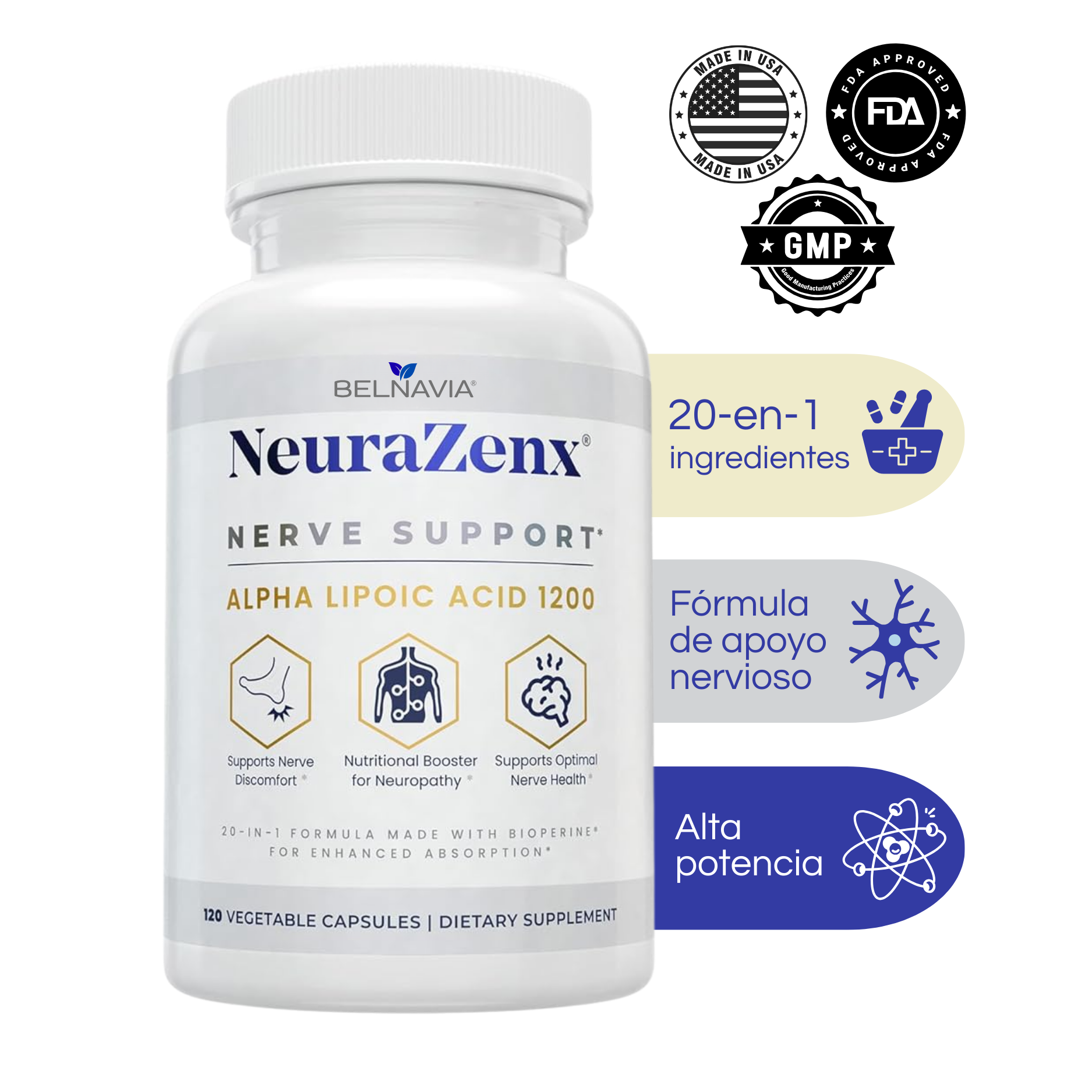 NeuraZenx® Nerve Support - Fórmula 20 en 1 (120 cápsulas)